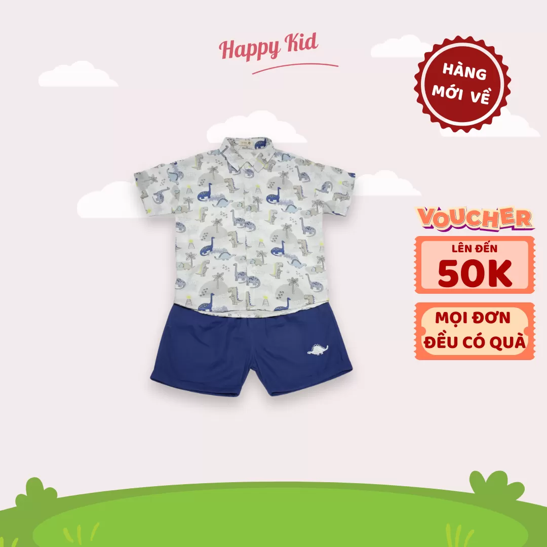 Bộ Quần Áo Sơ Mi Ngắn Tay Họa Tiết Khủng Long Bé Trai (Xanh Dương)