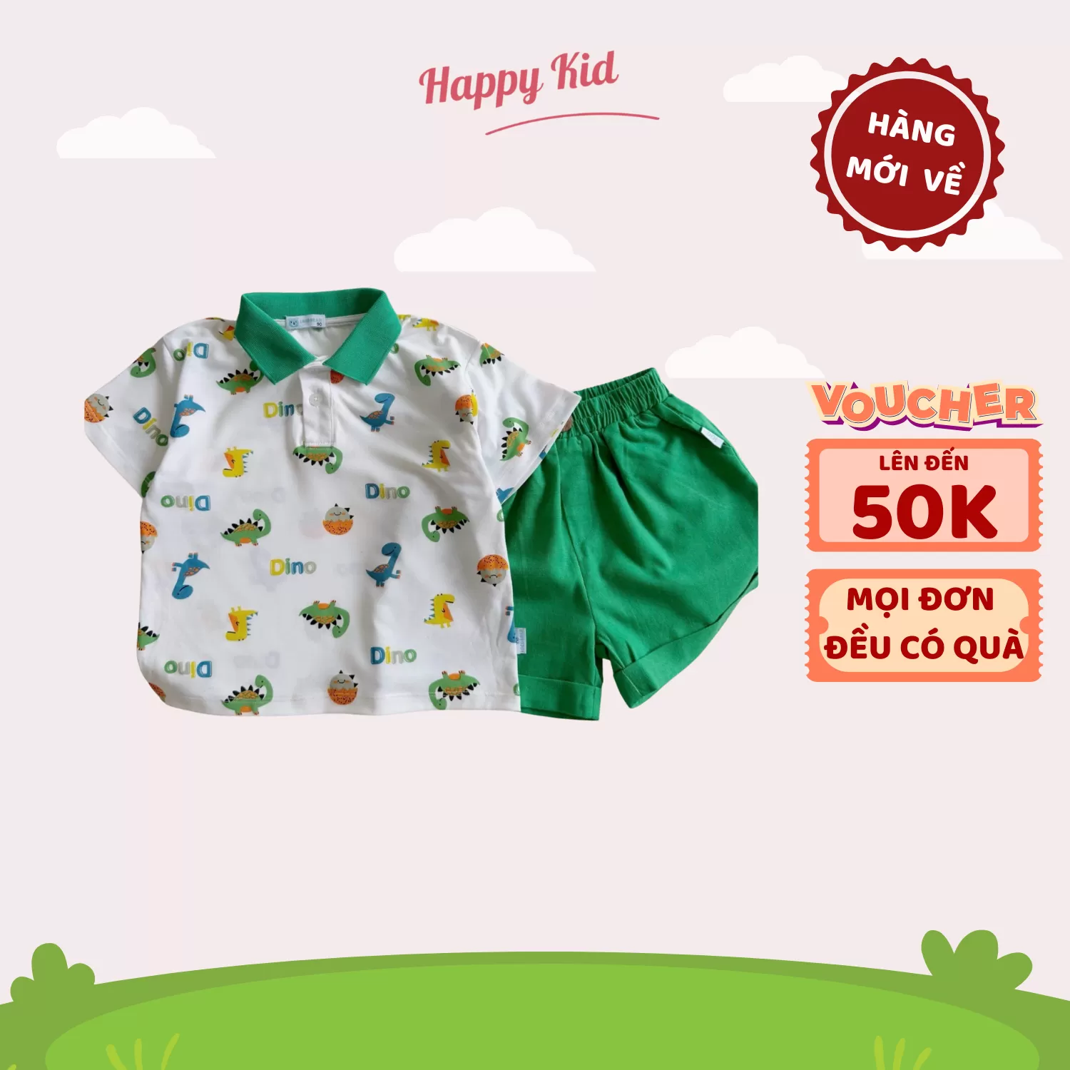 Set Polo Ngắn Tay Hoạt Tiết Khủng Long Cho Bé Trai