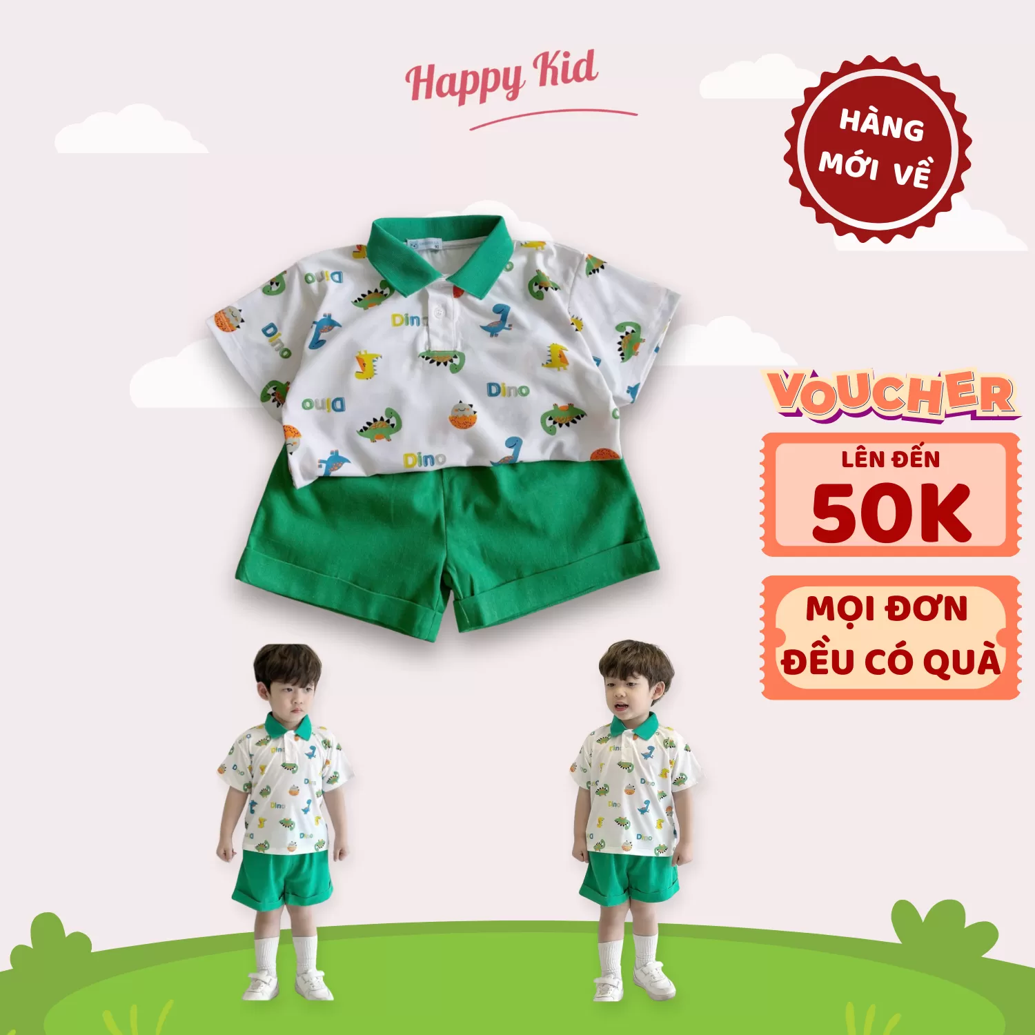 Set Polo Ngắn Tay Hoạt Tiết Khủng Long Cho Bé Trai
