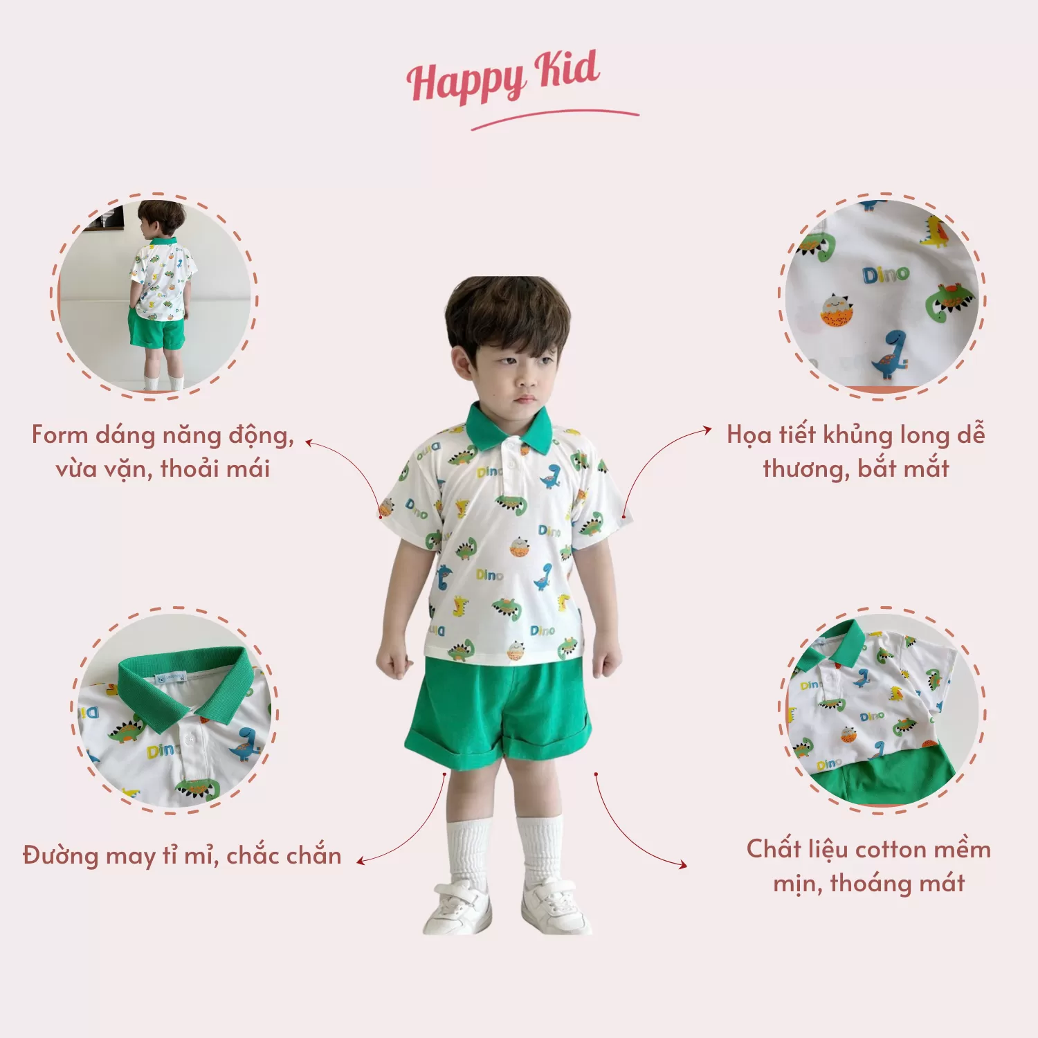 Set Polo Ngắn Tay Hoạt Tiết Khủng Long Cho Bé Trai