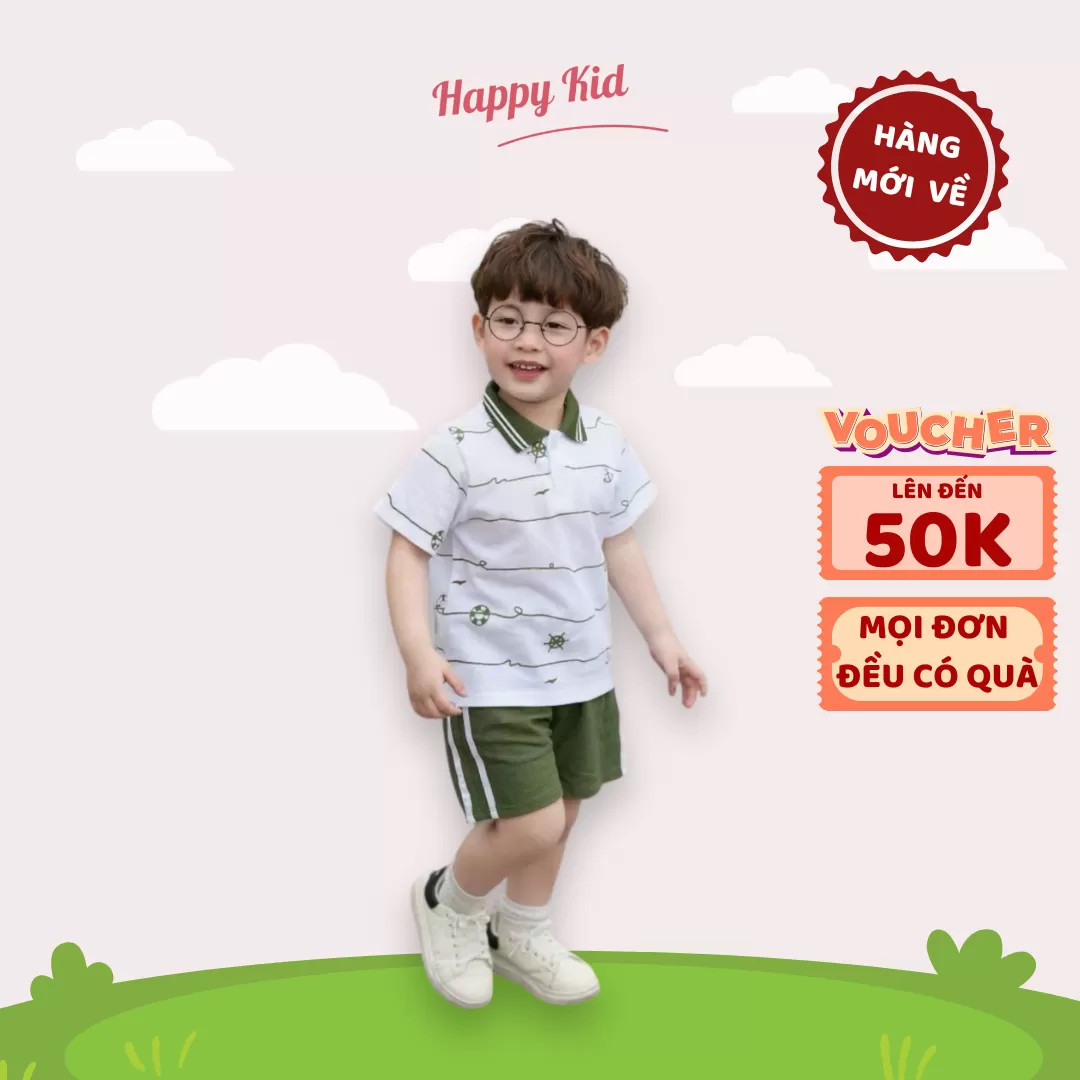 Bộ Polo Tay Ngắn Cho Bé Trai Họa Tiết Biển Xanh Kèm Quần Short