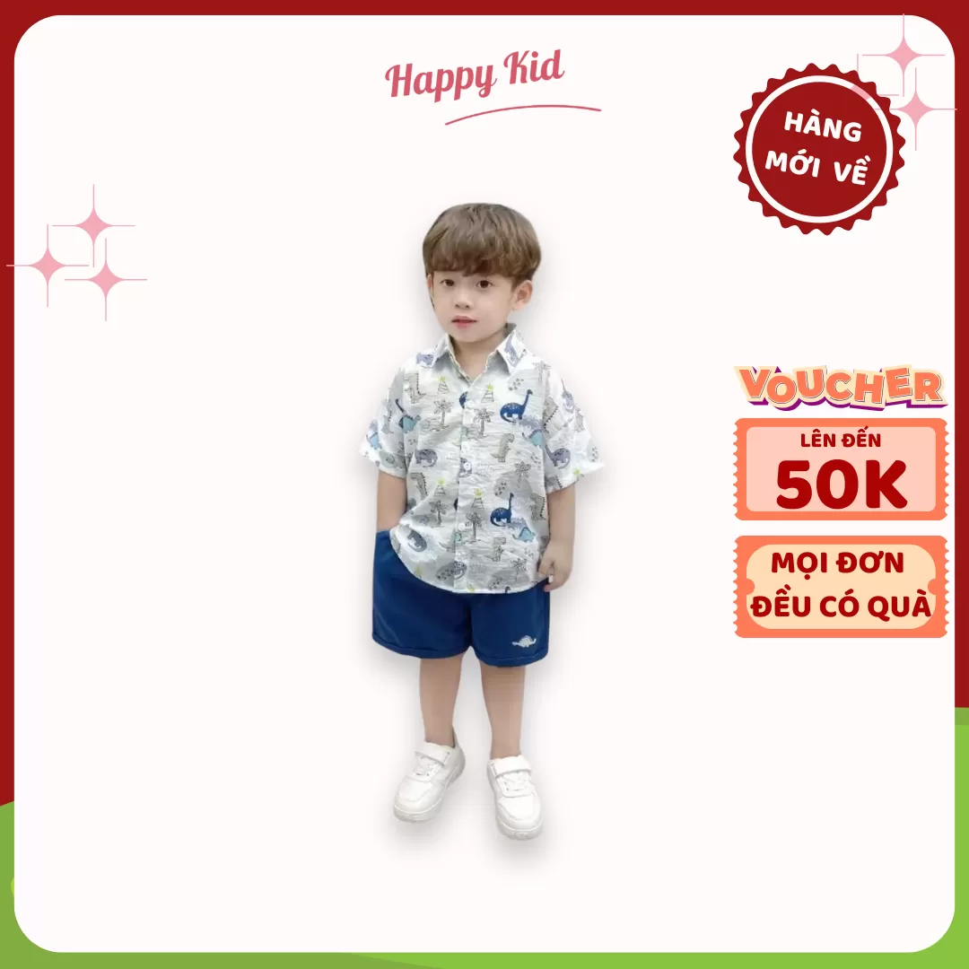Bộ Quần Áo Sơ Mi Ngắn Tay Họa Tiết Khủng Long Bé Trai (Xanh Dương)