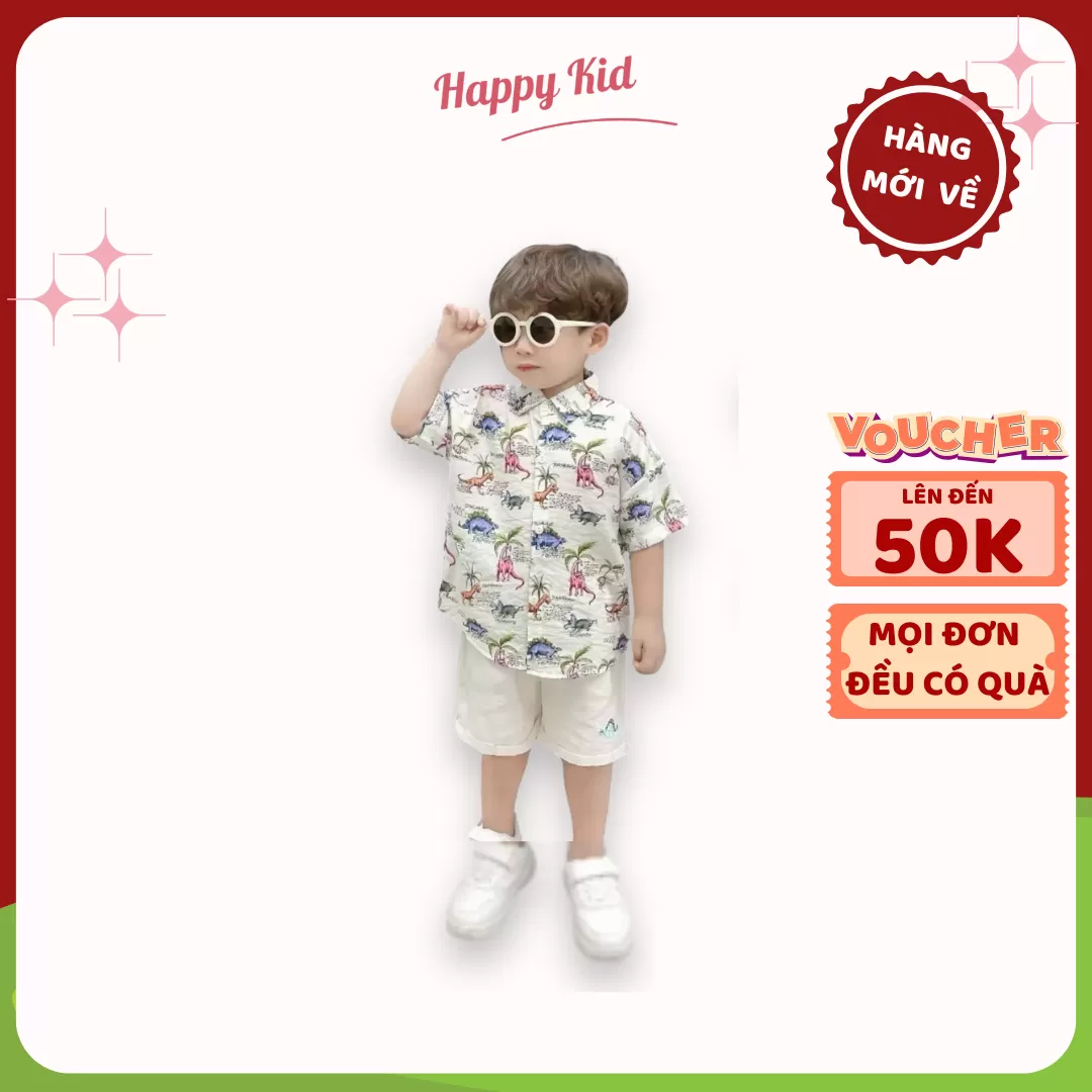 Bộ Quần Áo Sơ Mi Ngắn Tay Họa Tiết Khủng Long Cho Bé Trai (Trắng)