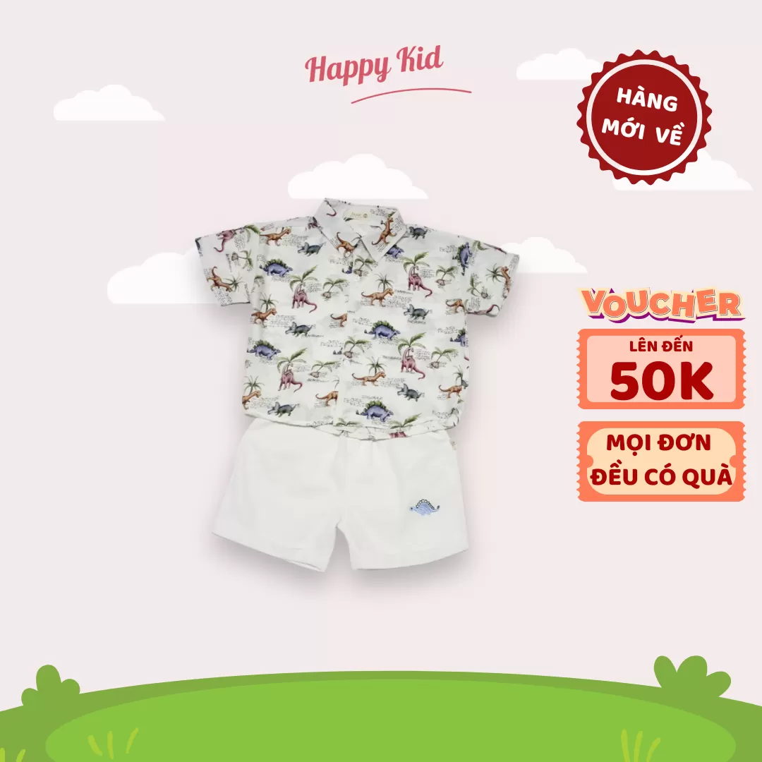 Bộ Quần Áo Sơ Mi Ngắn Tay Họa Tiết Khủng Long Cho Bé Trai (Trắng)