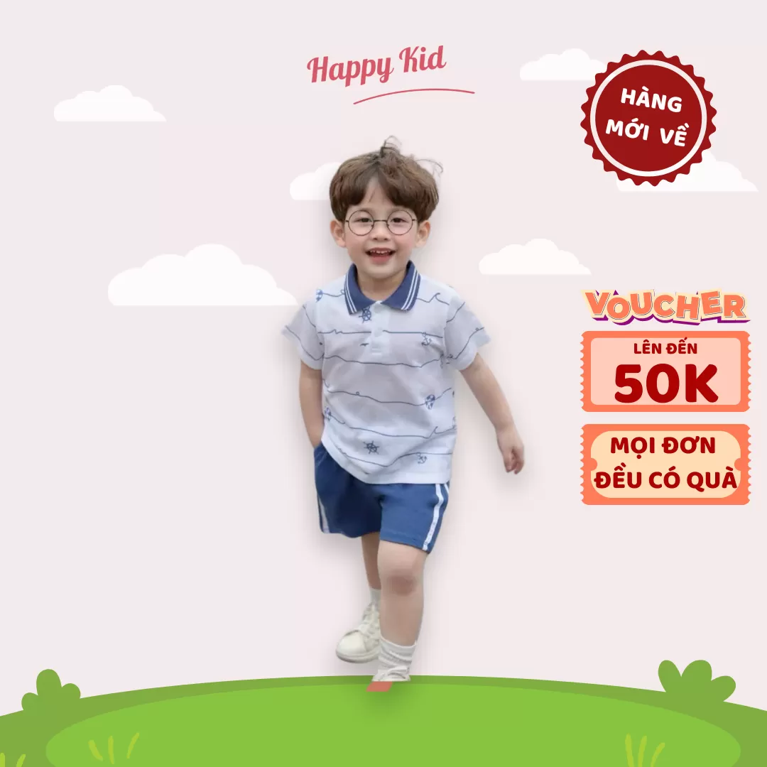 Bộ Polo Tay Ngắn Cho Bé Trai Họa Tiết Biển Xanh Kèm Quần Short