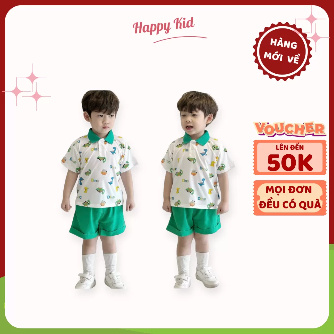 Set Polo Ngắn Tay Hoạt Tiết Khủng Long Cho Bé Trai